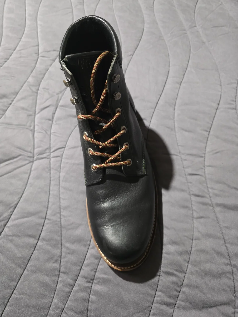 Frye Black Leather Lace-Up Boot with Tan Welt